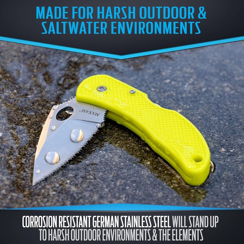 Maxam 3.3" Saltwater Knife - Rust-Proof German Stainless Steel Serrated Blade with Bright Yellow Handle, Reversible Pocket Clip, Lanyard Hole - Ideal for Salt & Fresh Water, Fishing Outdoor Use - Image 5